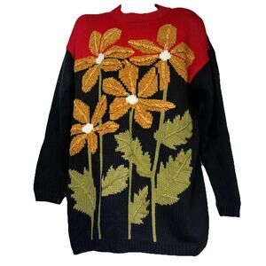 Vintage l’eau vive red floral 4 sunflower red black Wool sweater size L